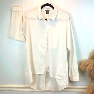 Chelsea and Theodore white long sleeve button-down drop shoulder oversized shirt
